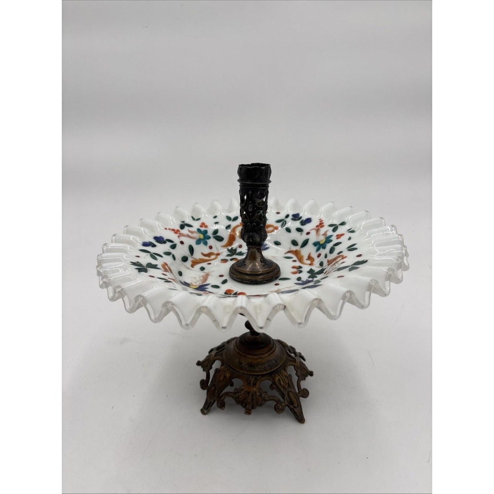 Vintage Hand-Painted Milk Glass Ruffled Centerpiece Bowl – Ornate Pedestal Base